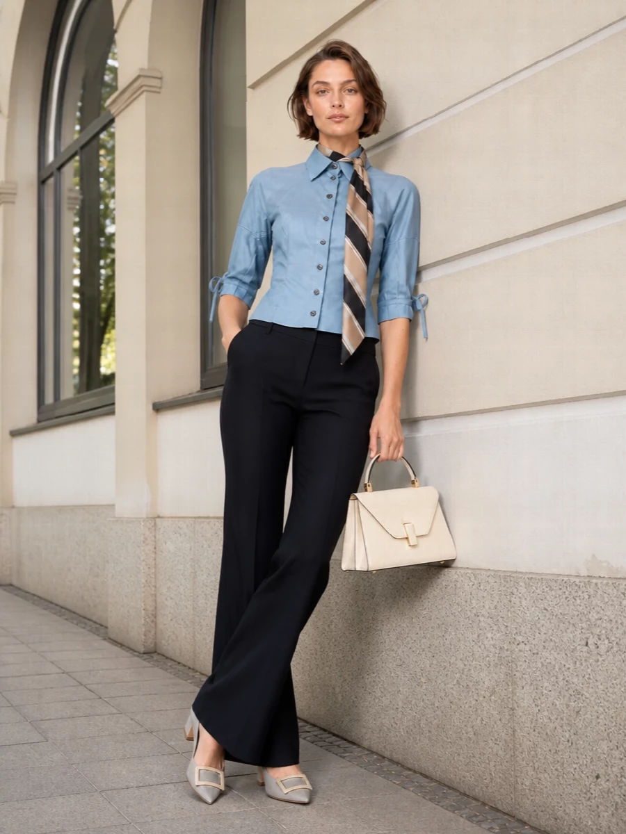Sky blue tailoring meets deep navy flares for a clean, elongated line that feels sharp without being stiff. Soft dove grey at the toe and a precise ivory top‑handle keep the palette cool and composed. A striped silk twilly at the neck or bag adds just enough heritage pattern to make the whole combination feel considered rather than strict.