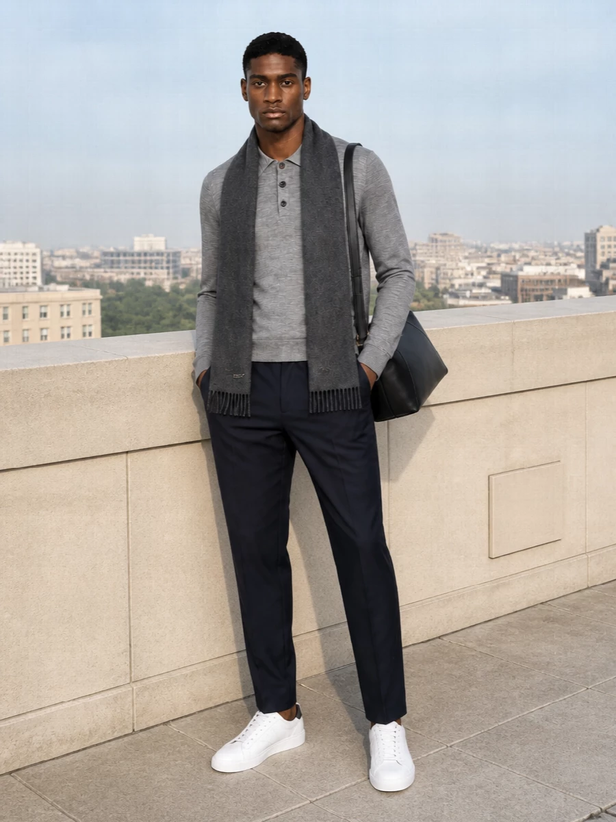 Lanvin grey knit polo navy trouser prada bag