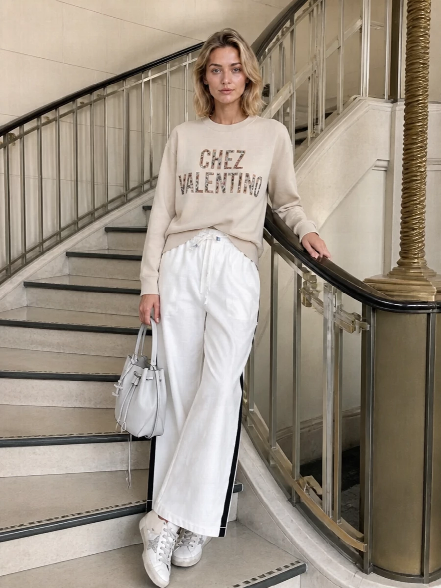 This is relaxed designer off-duty: a soft Valentino logo sweatshirt with Marni’s crisp white track trouser framing your Golden Goose mules. Neutrals stay warm and quiet so the glitter star and shearling lining feel intentional, not loud. The Tod’s bucket bag adds just enough structure to keep the whole thing city ready rather than purely loungey.