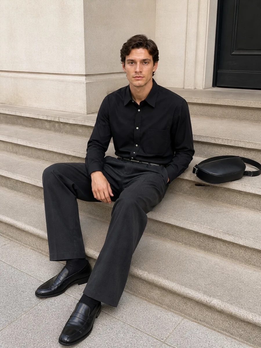 Lemaire black shirt wide leg trousers outfit