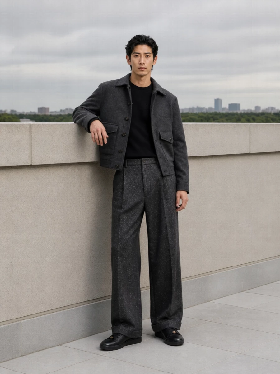 Valentino charcoal jacket wide leg trousers outfit