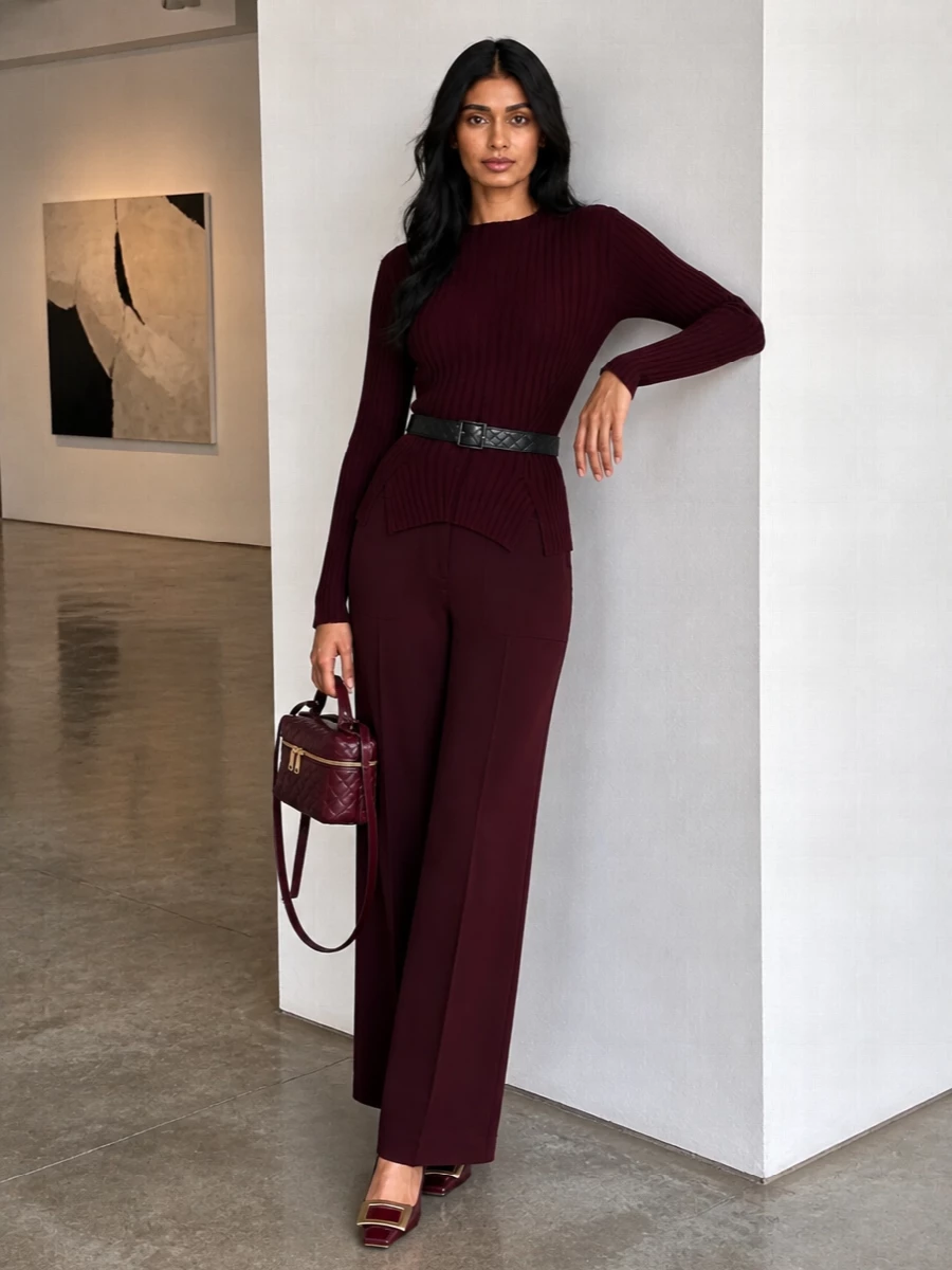 Victoria beckham burgundy sweater wide leg trousers