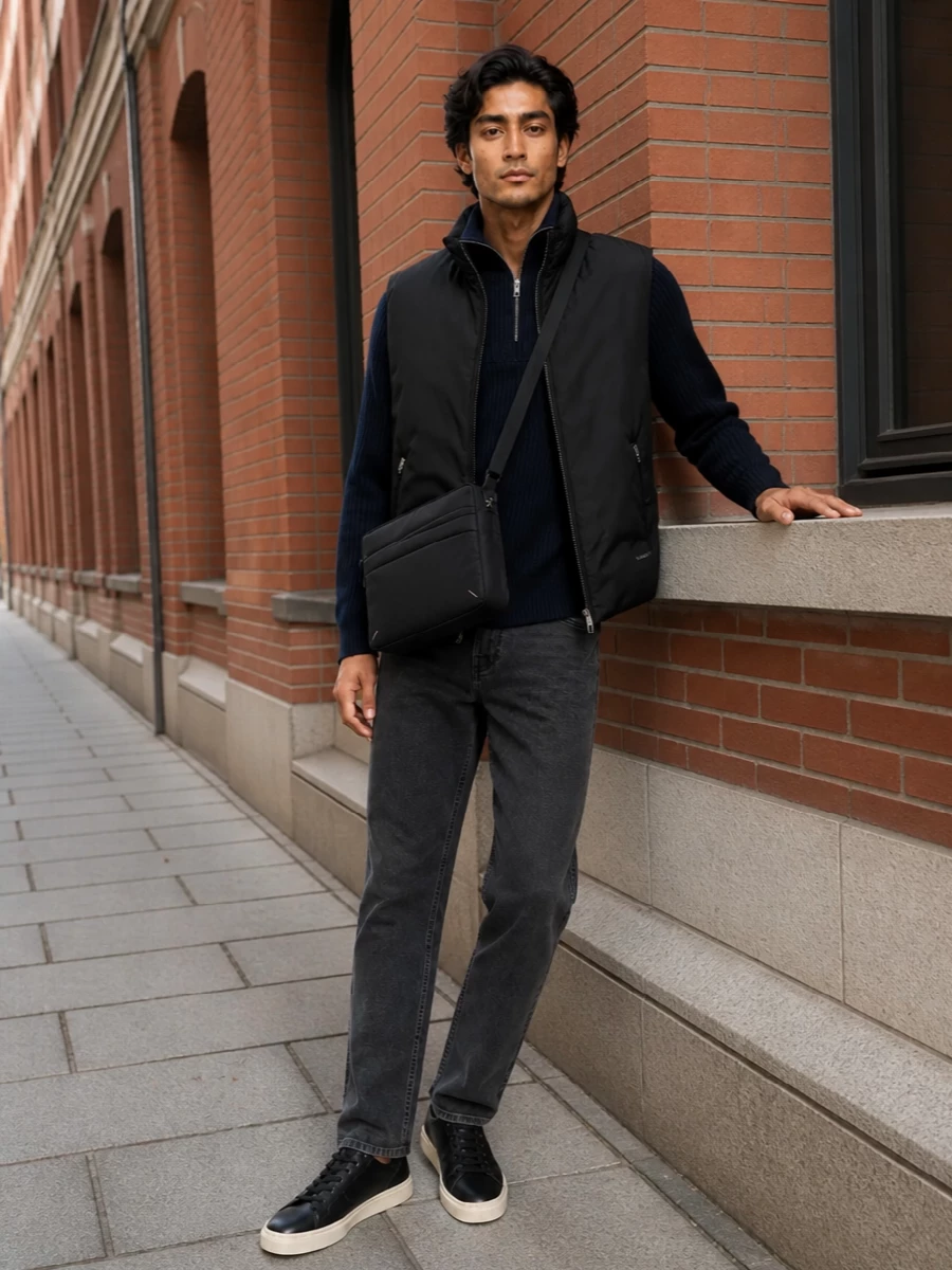 Jil sander gilet navy half zip charcoal jeans