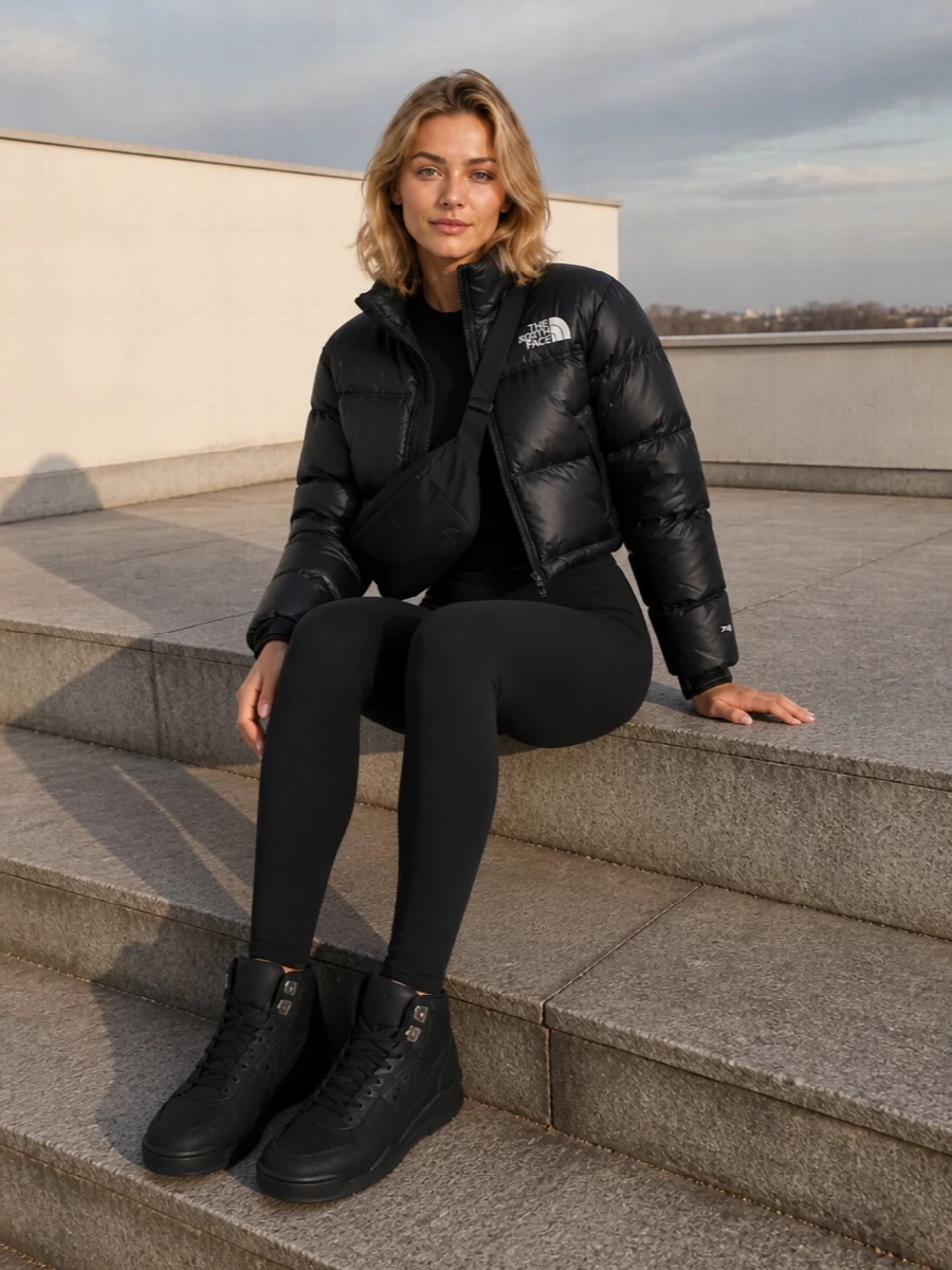 I am keeping this route anchored in technical streetwear rather than a dress, so the cropped puffer can work as intended over sharp leggings. The all-black base of The North Face top and Paco Rabanne leggings lets the jacket’s gloss and cropped volume do the talking, while Nike high-tops and a low-key TNF crossbody keep everything coherent, practical and winter-proof. It is a clean, city-ready take on sport gear that still feels considered head to toe.