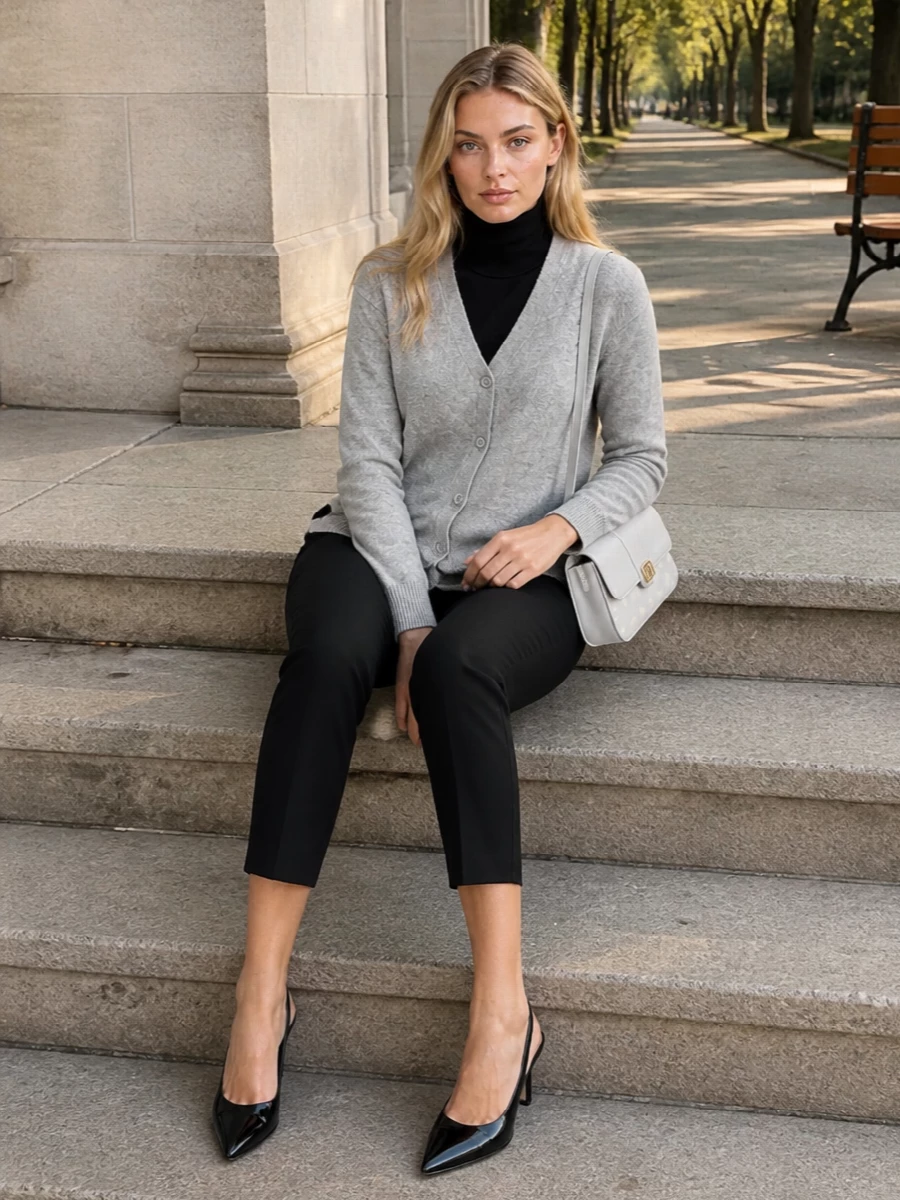 Max mara grey cardigan black cropped trousers