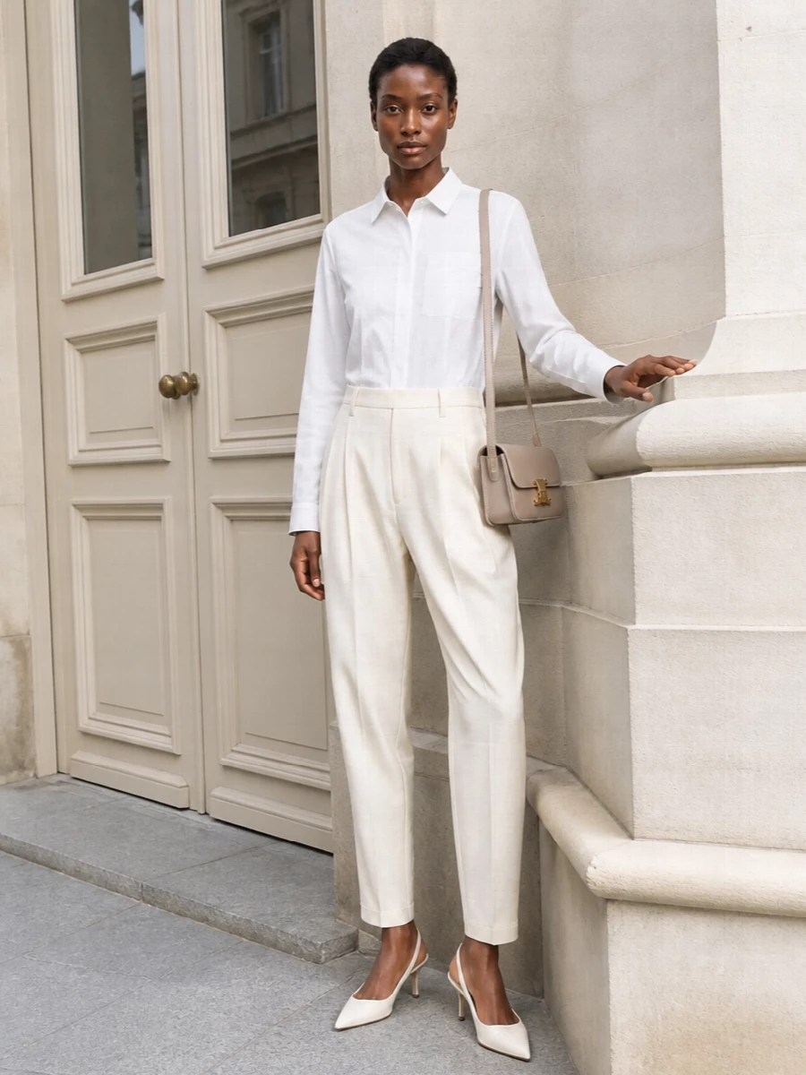 This look builds a tonal ivory column around the Brunello Cucinelli shirt and the high-rise pleated tapered trousers, creating a fluid, elongated silhouette that feels impeccably precise yet effortless. Cream slingback pumps sharpen the proportions and underline the tailored mood, while the compact beige Celine shoulder bag adds a discreet, polished accent that keeps the outfit firmly in the quiet-luxury sphere. It’s an elevated SS uniform that moves seamlessly from boardroom to dinner with minimal adjustment.