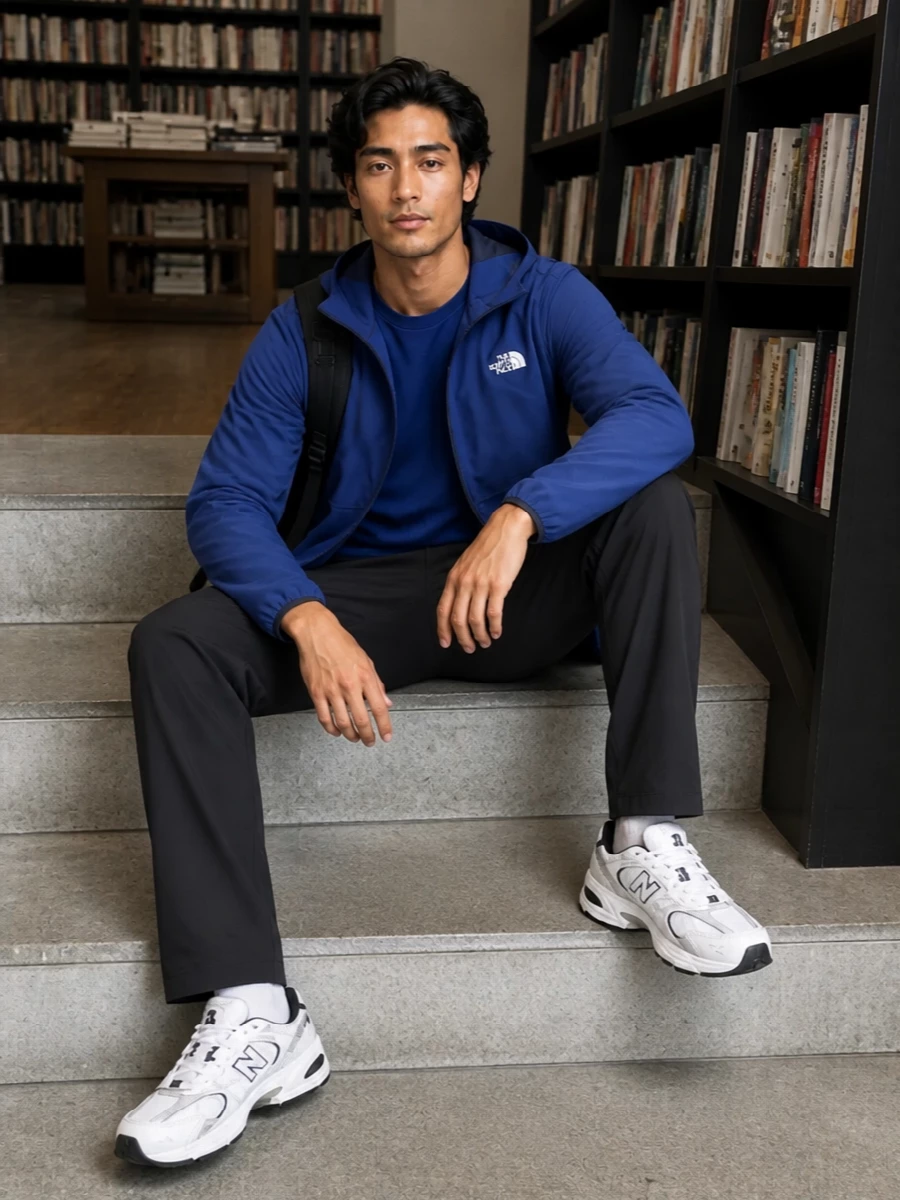 North face cobalt jacket new balance outfit
