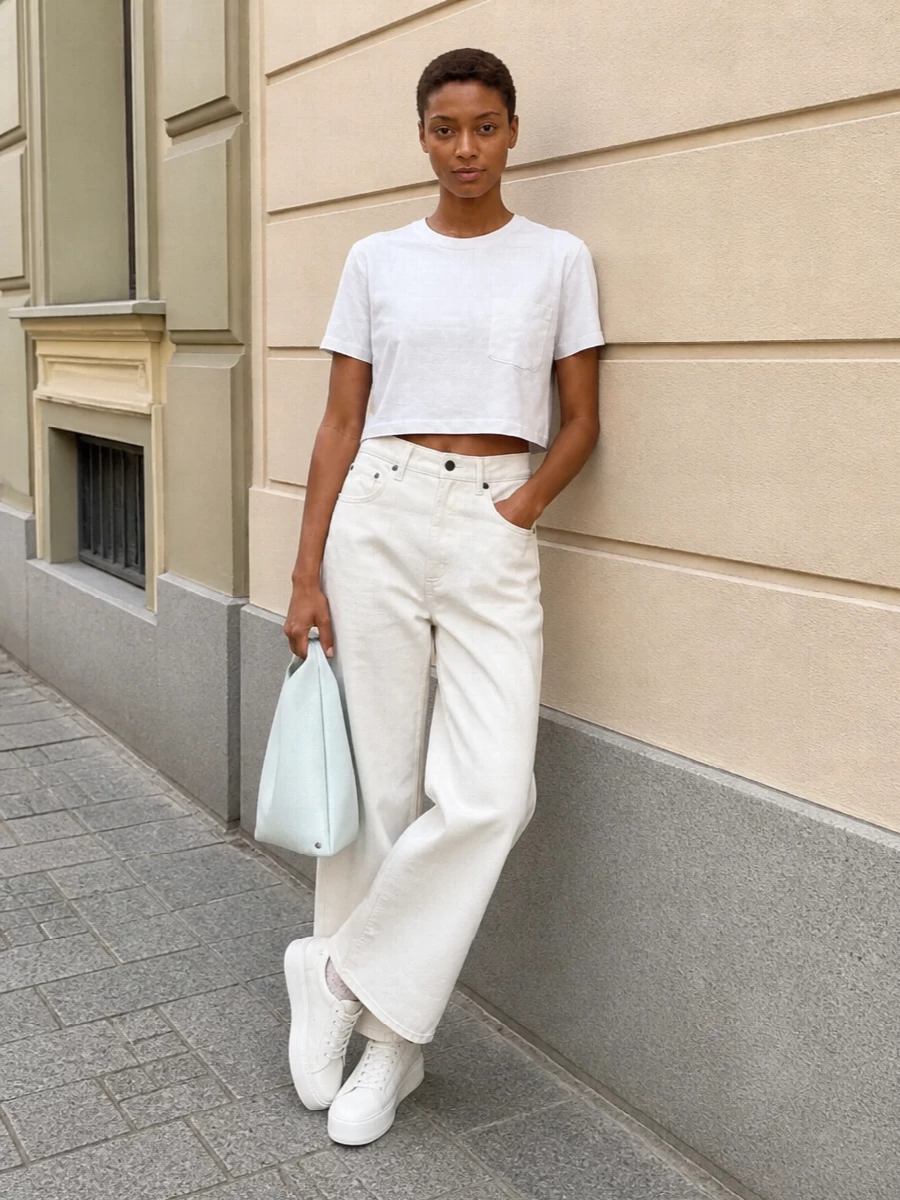 Sacai white cropped tee wide leg jeans outfit