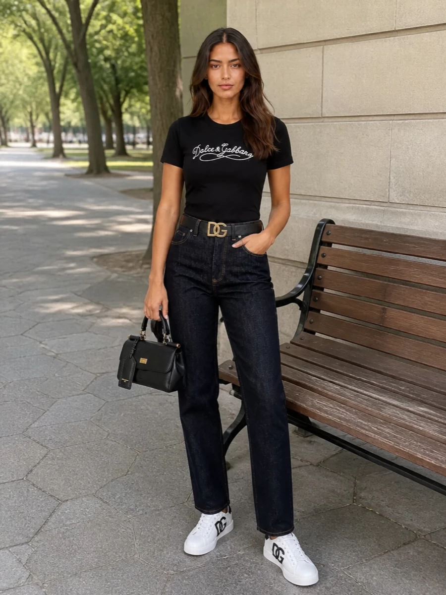 A black logo tee meets high waisted dark indigo denim for a clean, city ready take on Dolce streetwear. White logo sneakers keep it fresh and graphic, while a structured black top handle and DG belt sharpen the finish without tipping into formality.