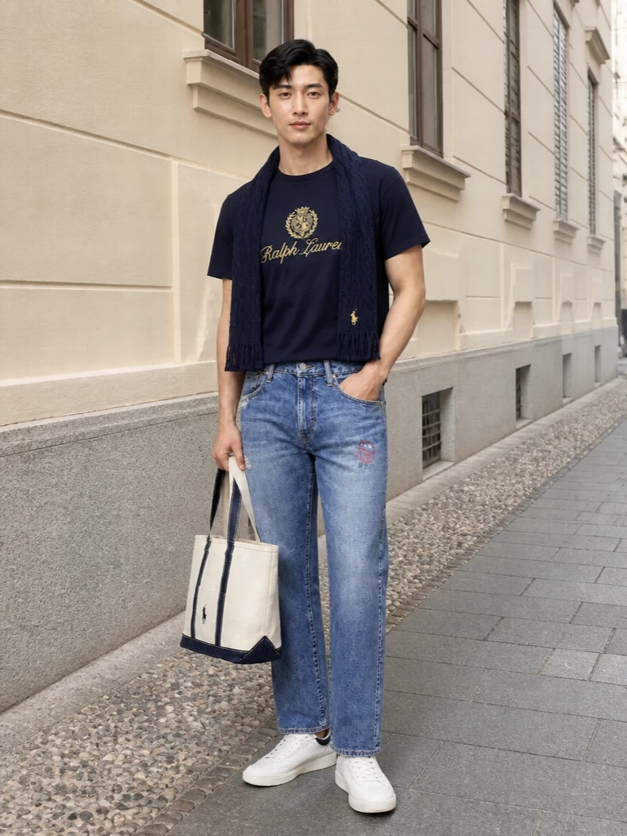 Polo ralph lauren crest tee jeans white sneakers