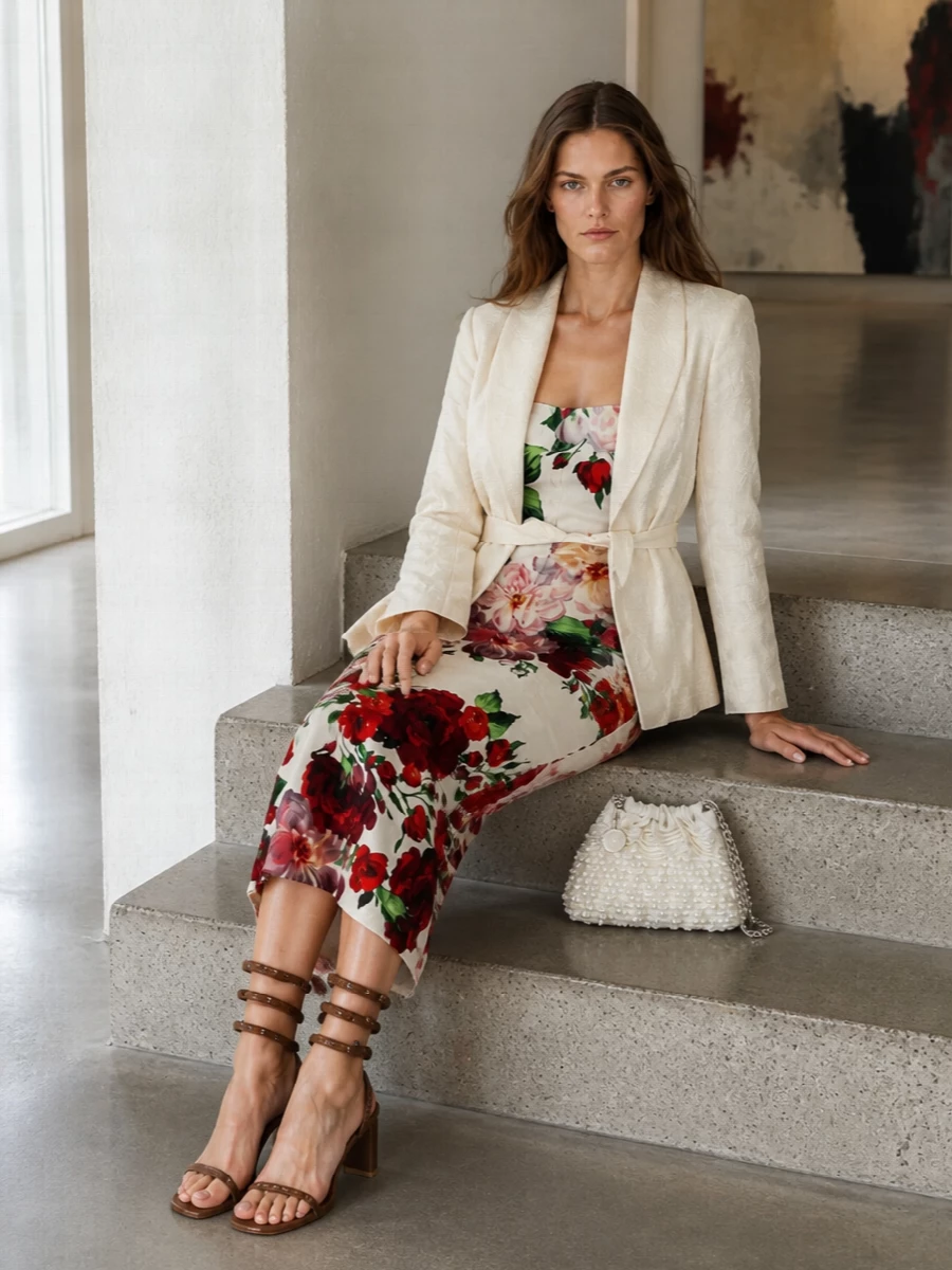 Dolce & Gabbana’s sculpted floral dress stays center stage, framed by warm bronze strappy sandals that quietly echo its metallic suggestion. A pearlescent white clutch picks up the ivory ground and adds soft light, keeping the palette refined and romantic for summer cocktails or garden weddings. The result is sharp, body-conscious Italian glamour that still feels easy to move and celebrate in.