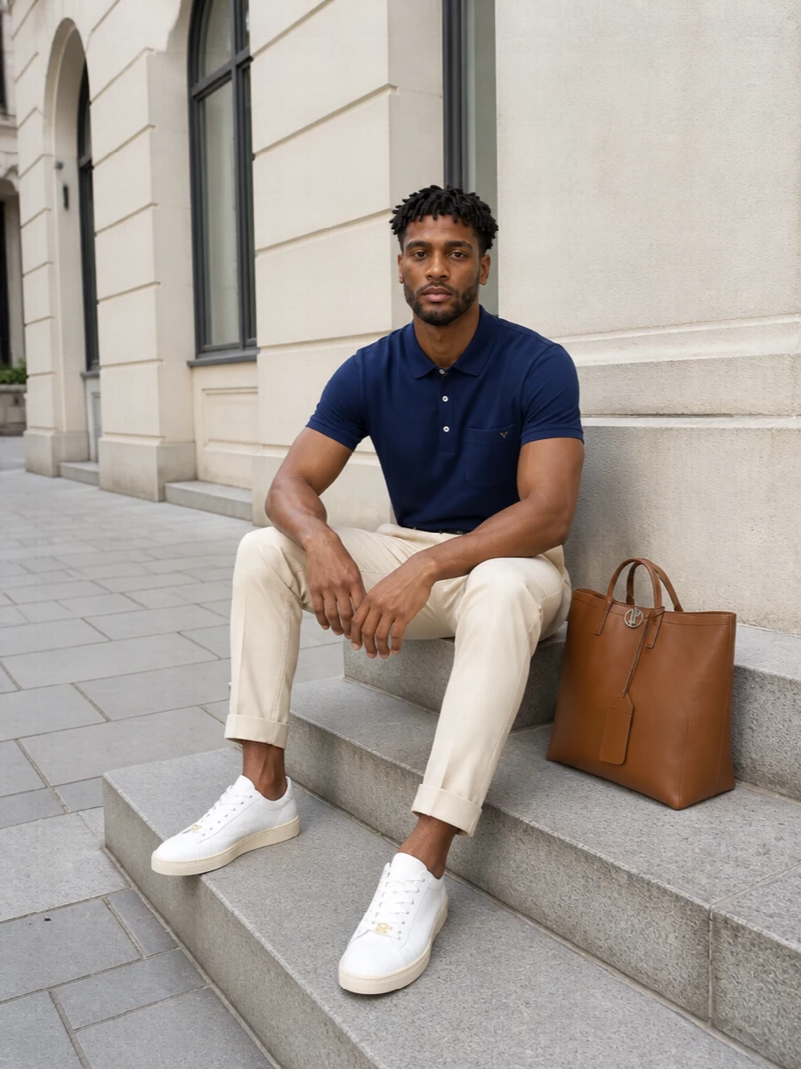 Valentino navy polo beige trousers white sneakers