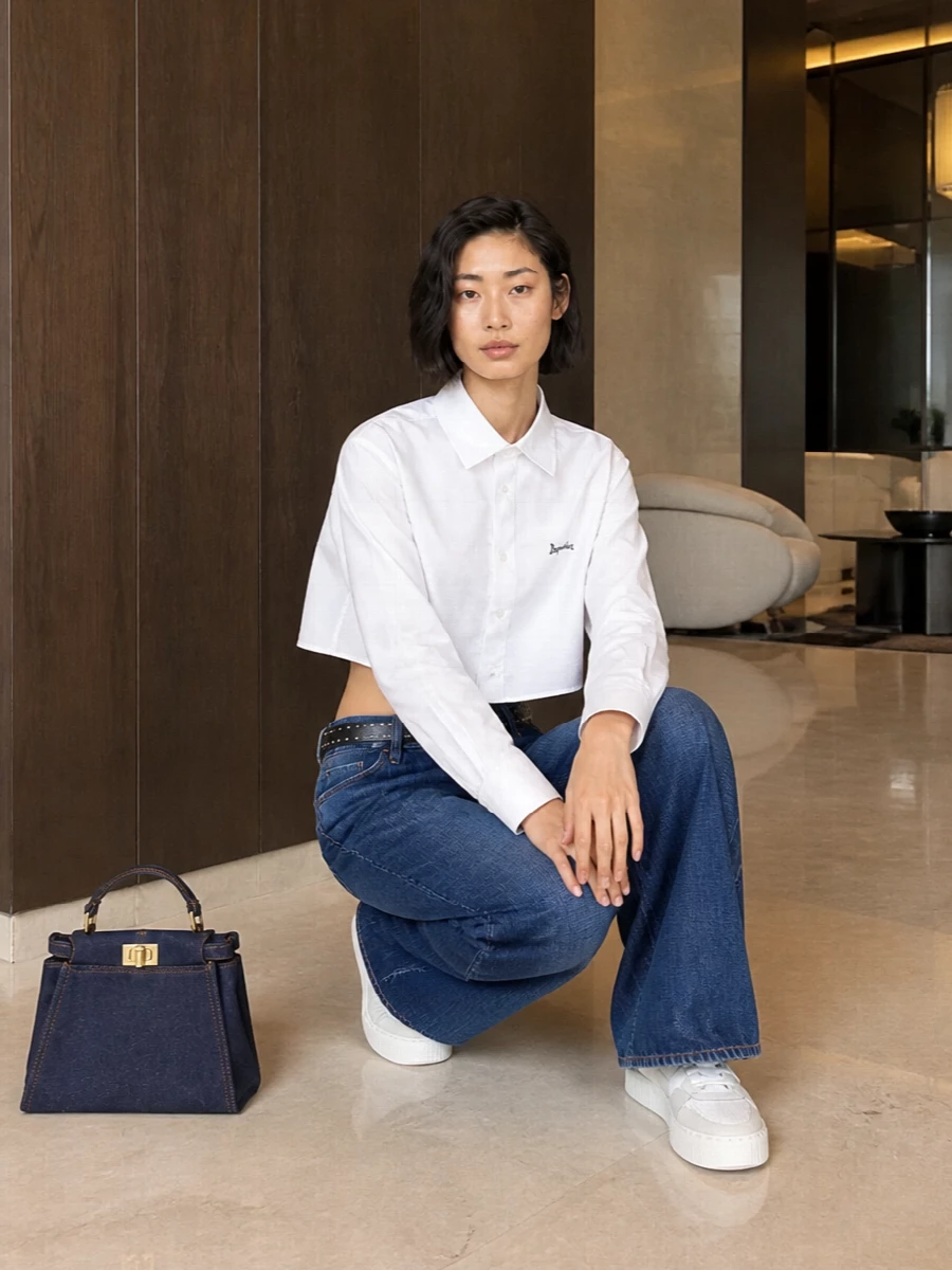 Dsquared2 wide leg jeans cropped shirt sneakers