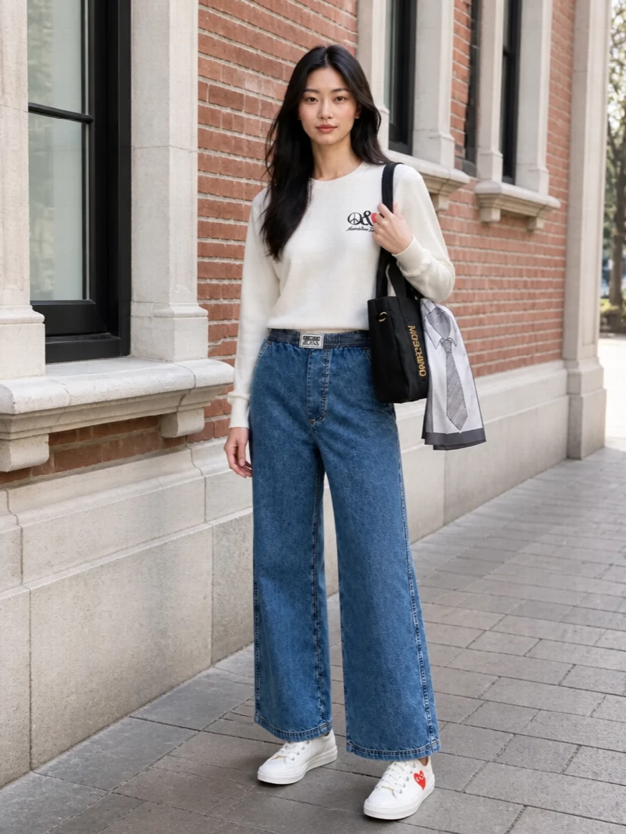 Moschino sweater wide leg jeans sneakers