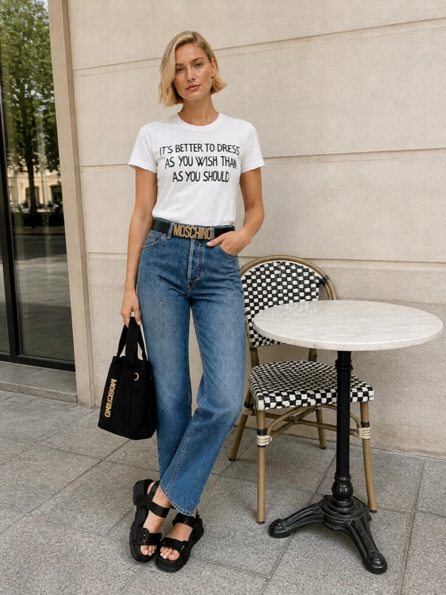 Moschino slogan tee straight jeans outfit