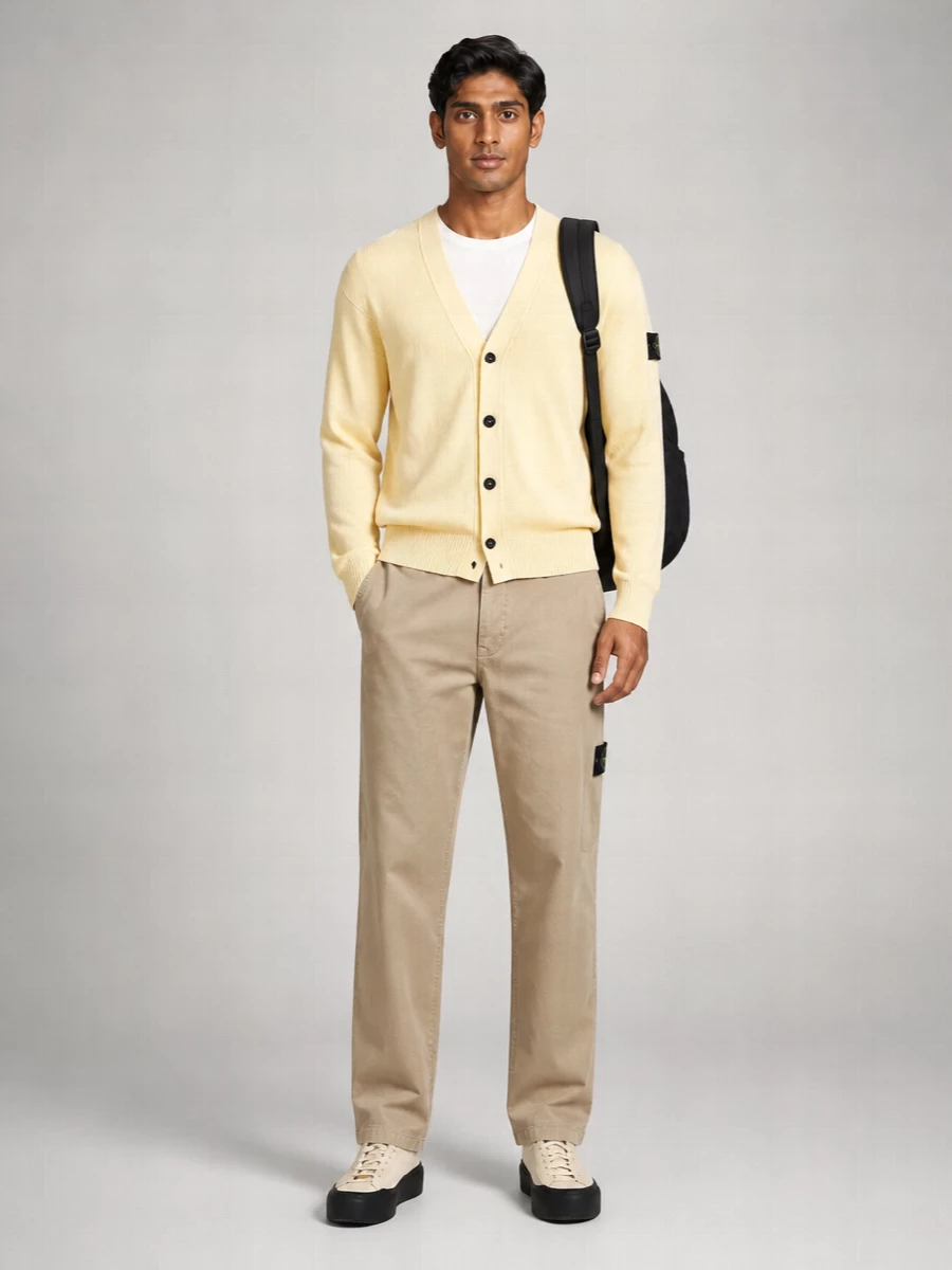 Stone Island Ribbed V-Neck Cotton Cardigan