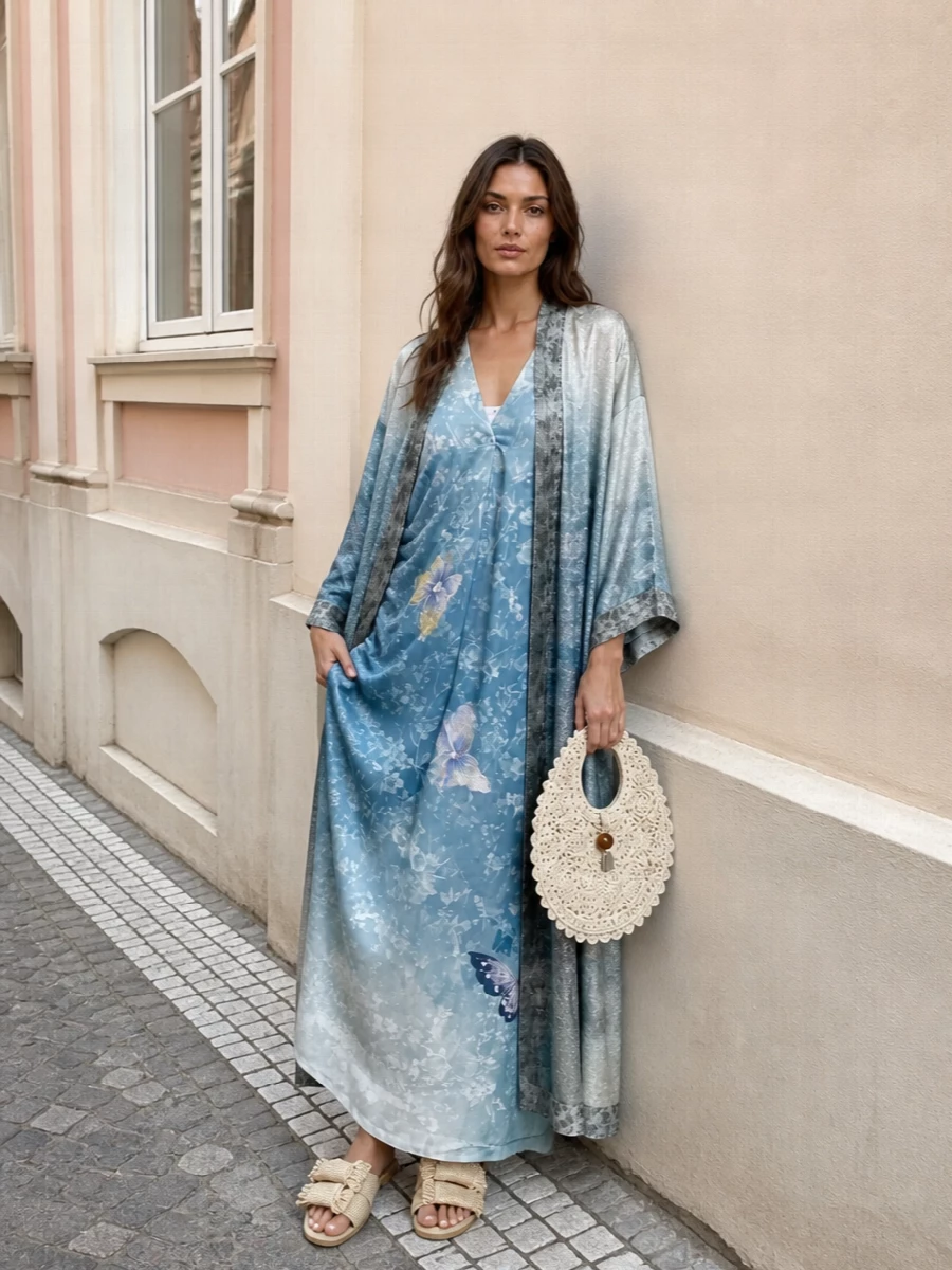 Pierre louise mascia kimono kaftan raffia outfit