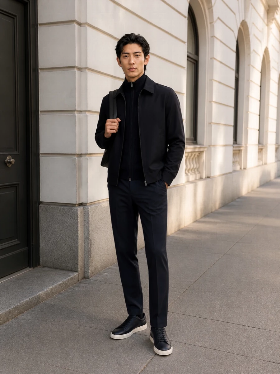 Boss navy zip jacket tapered trousers outfit