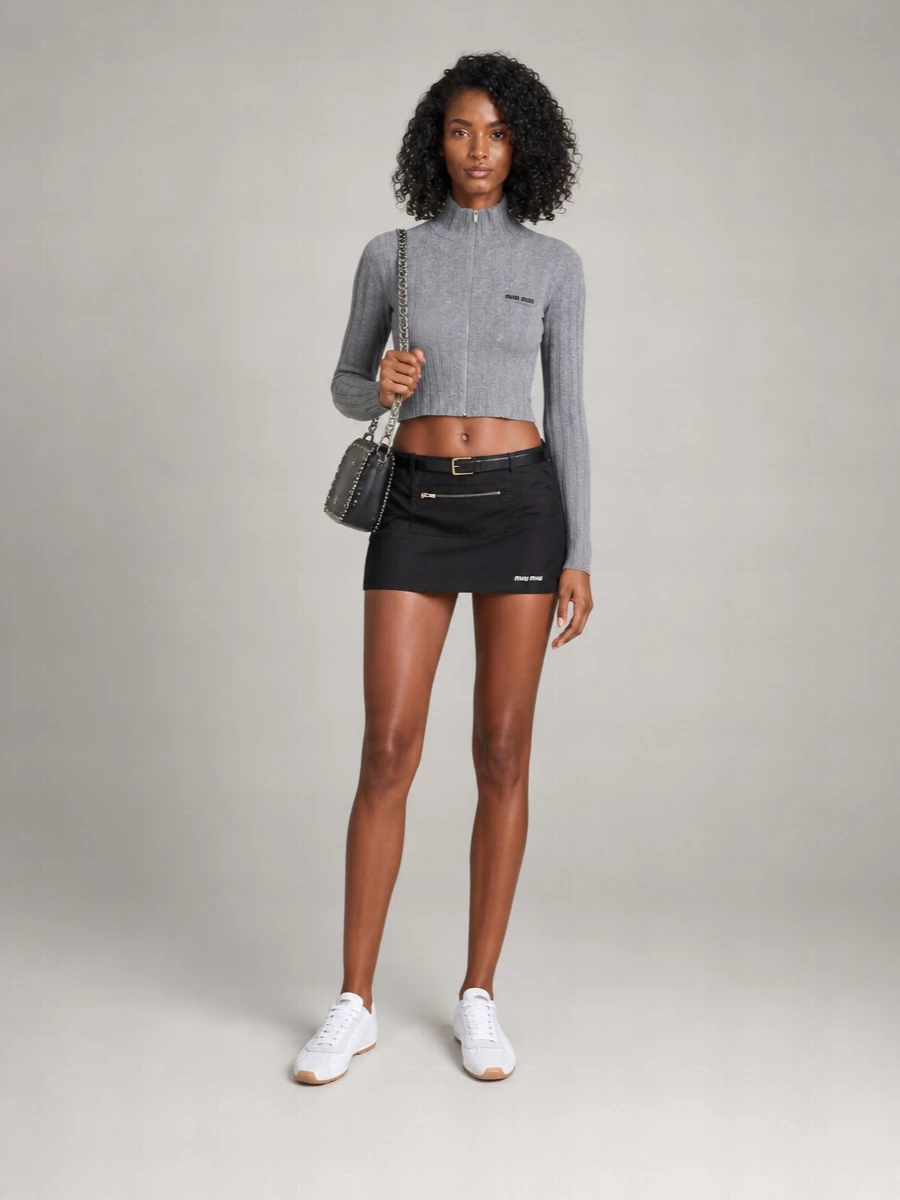 Miu Miu Ribbed Cropped Cashmere Wool Zip Cardigan