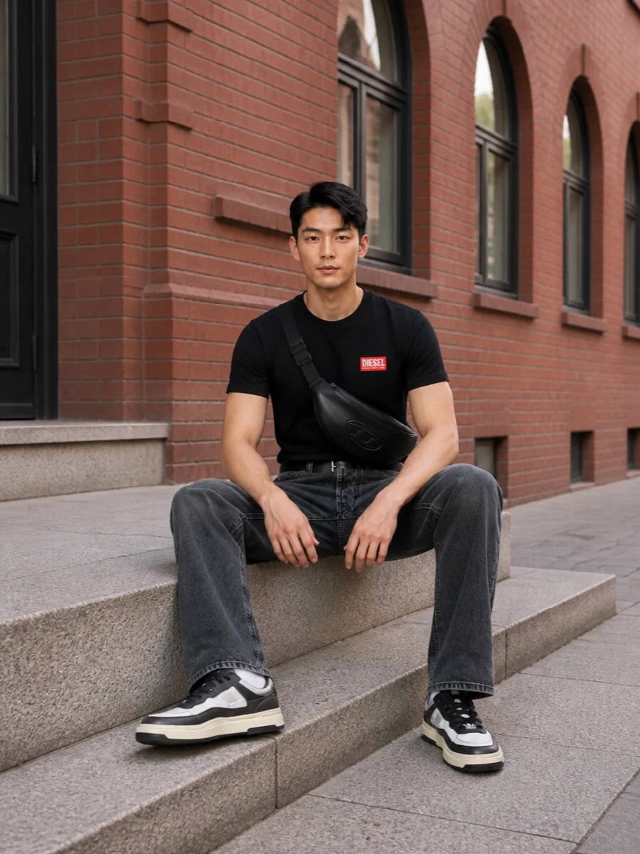 Diesel black logo tee washed black jeans outfit