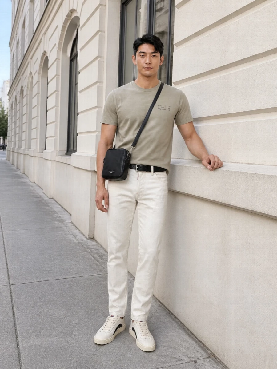 A sand Dsquared2 tee meets off-white straight trousers for a clean, tonal base that reads relaxed but sharp. Cream and black court sneakers echo the palette and logo hits, while a slim black belt and compact crossbody keep the finish streamlined and city ready. The result is modern streetwear that feels quietly confident rather than loud.