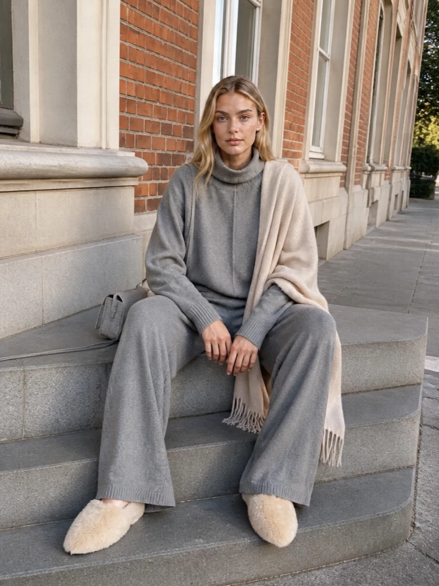 Alberta ferretti grey sweater wide leg pants outfit