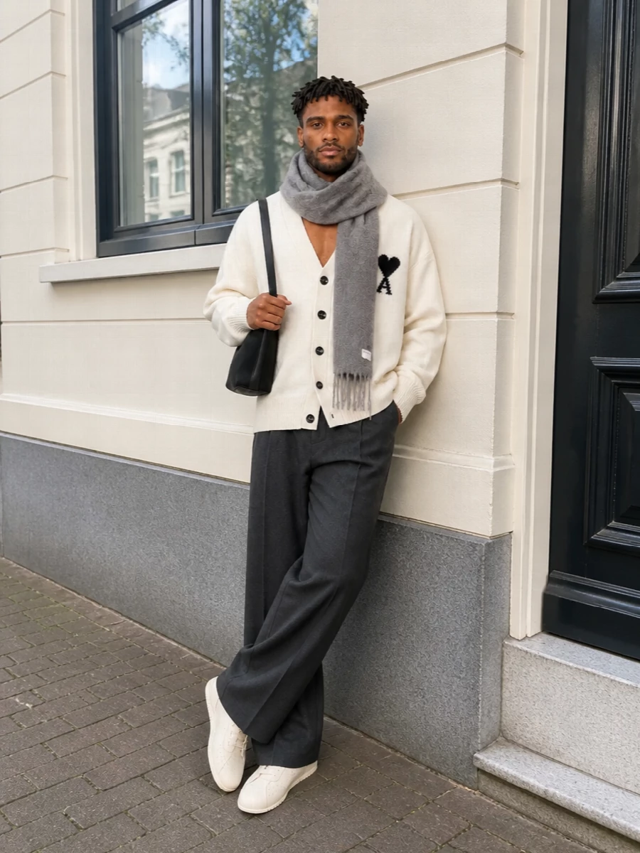 Ami cardigan wide leg trousers cream sneakers