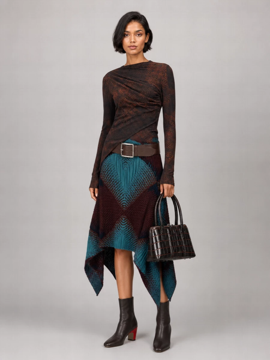 Kiko Kostadinov Cotton Printed Asymmetric Draped Long-Sleeve Top