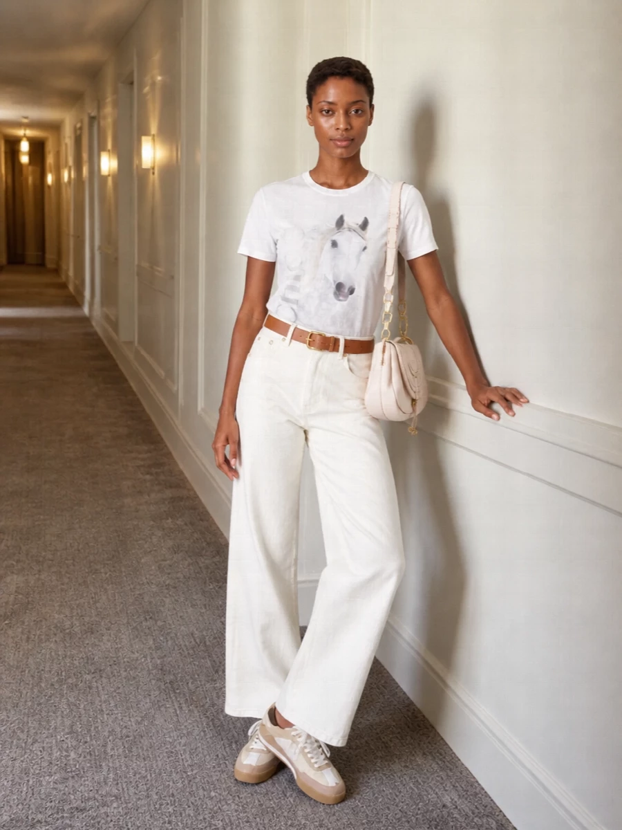 Soft whites and ivory set a poetic backdrop for the horse tee, while the high-rise wide-leg trouser keeps the line long and relaxed. Neutrally toned sneakers and a curved ivory saddle bag lean into Chloé’s equestrian heritage without feeling literal. A cognac belt quietly sharpens the waist so the whole outfit reads airy, polished and easy for daytime.
