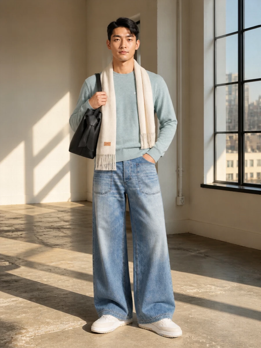 Acne studios wide leg jeans grey knit sneakers