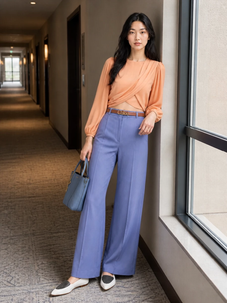 Soft apricot meets dusty periwinkle for a refined, pastel take on summer tailoring, with the cropped draped blouse neatly highlighting the high-rise, fluid trouser line. Graphic white loafers keep the mood modern and grounded, while the slate blue tote and slim chocolate belt pull everything into a coherent, quietly luxurious palette suited to polished daytime engagements or intimate dinners.