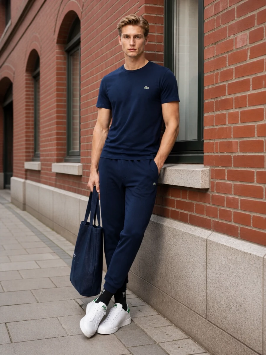 Lacoste navy joggers adidas white court sneakers