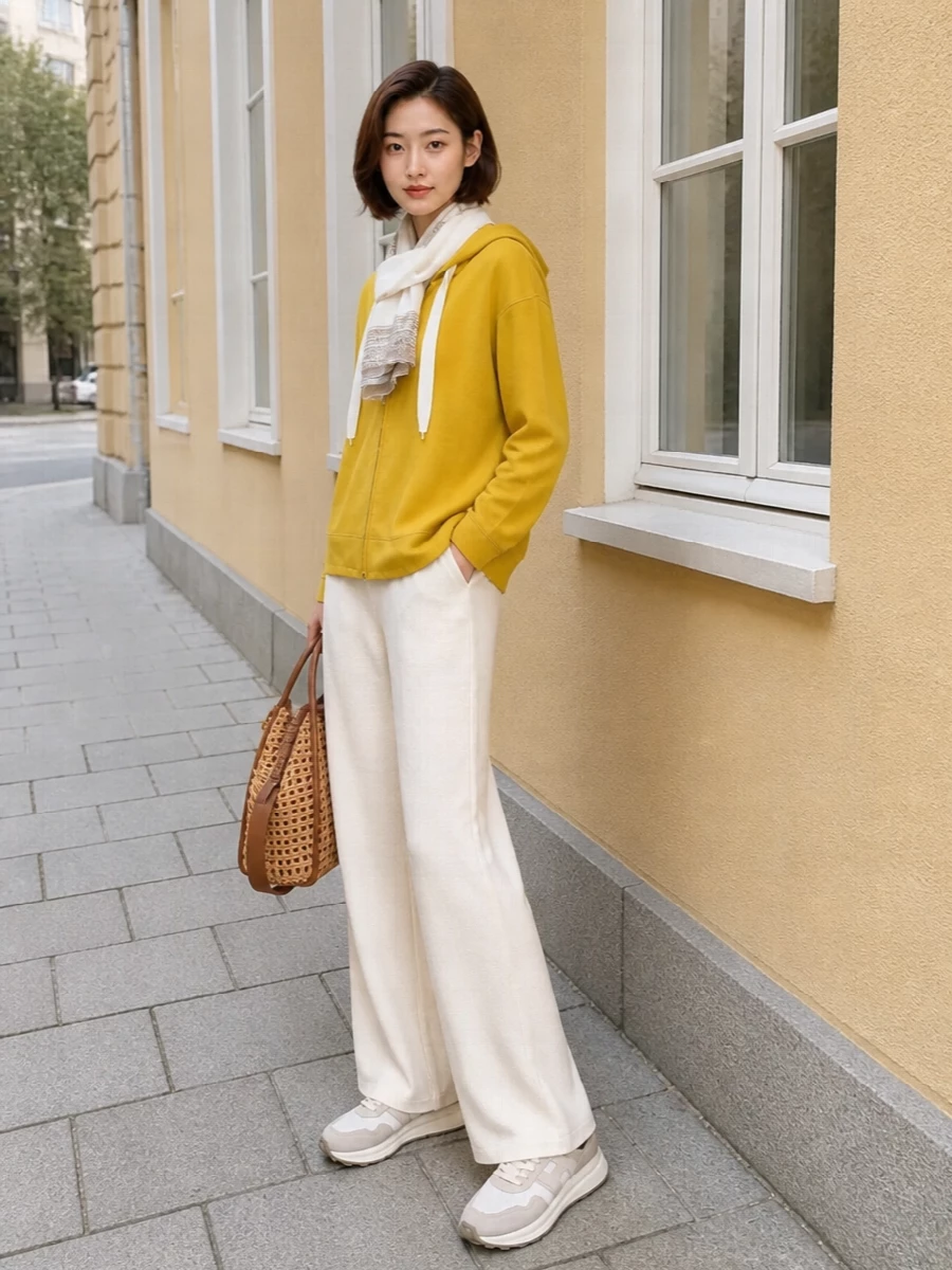 Max mara mustard hoodie ivory knit pants outfit