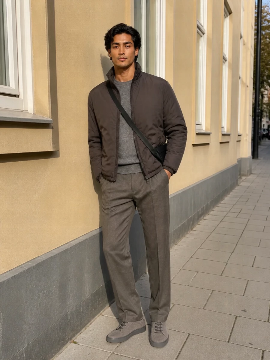 A dark taupe padded jacket sits over a soft grey crew and taupe pleated trousers for a quiet, tonal city uniform. Grey suede sneakers and a slim black crossbody keep it polished yet relaxed, ideal for winter days when you want comfort with intention.