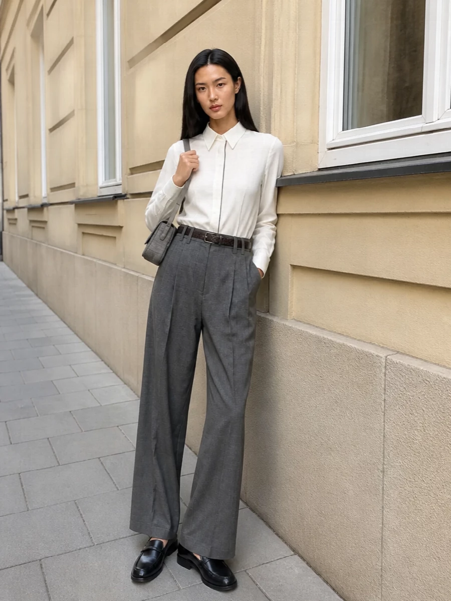 Charcoal wool tailoring is sharpened with an ivory piped shirt and anchored by a defined, belted waist, creating a long, clean line through the high-rise wide leg. Ink leather loafers and a small grey shoulder bag keep the palette cool and refined, so the proportions stay modern yet work-appropriate. The result is quietly assured suiting that moves easily from meeting-heavy days to dinner reservations.