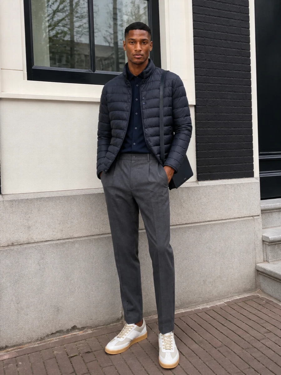 Herno navy jacket charcoal trousers outfit