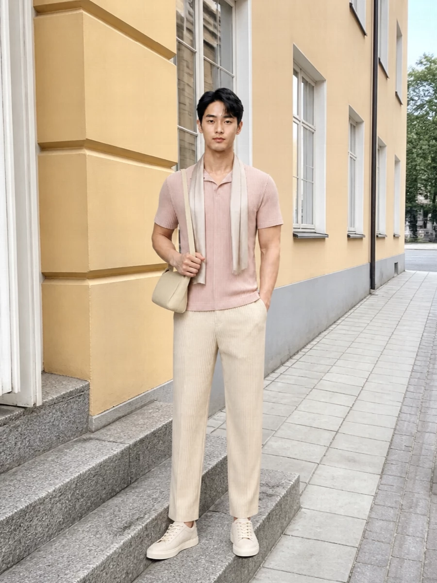Homme plisse polo beige pleated trousers outfit