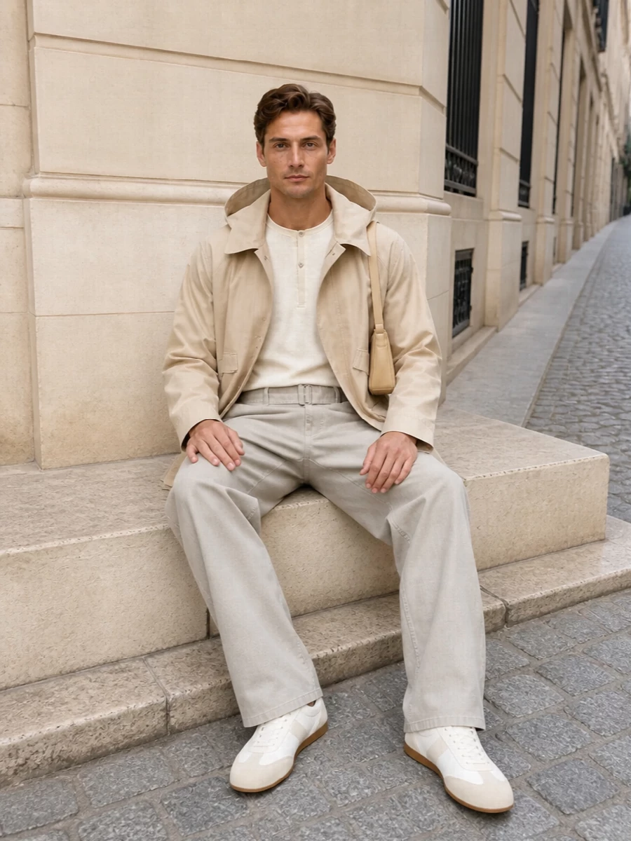 Lemaire beige parka wide leg trousers outfit