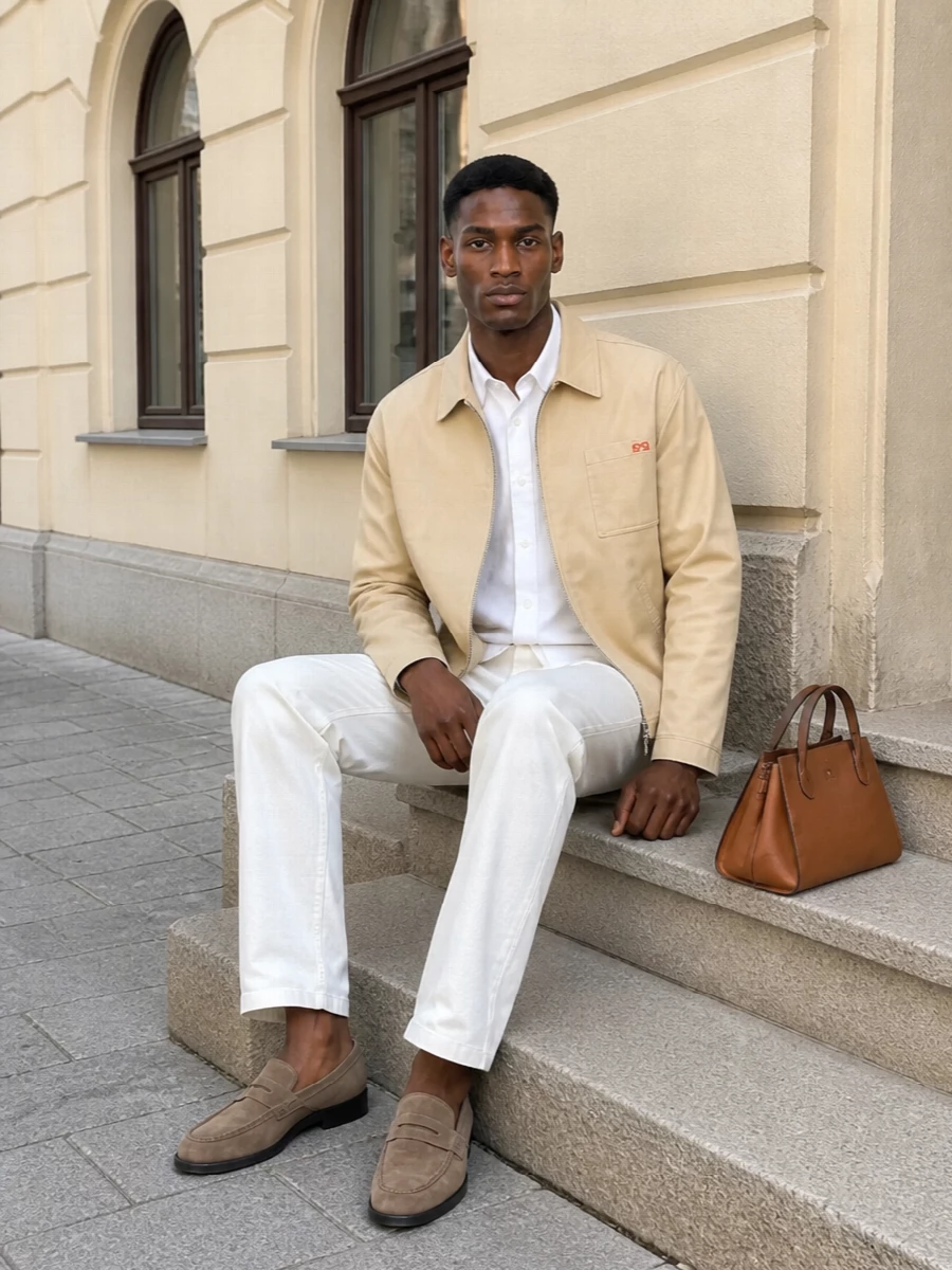 Loewe beige jacket white shirt suede loafers
