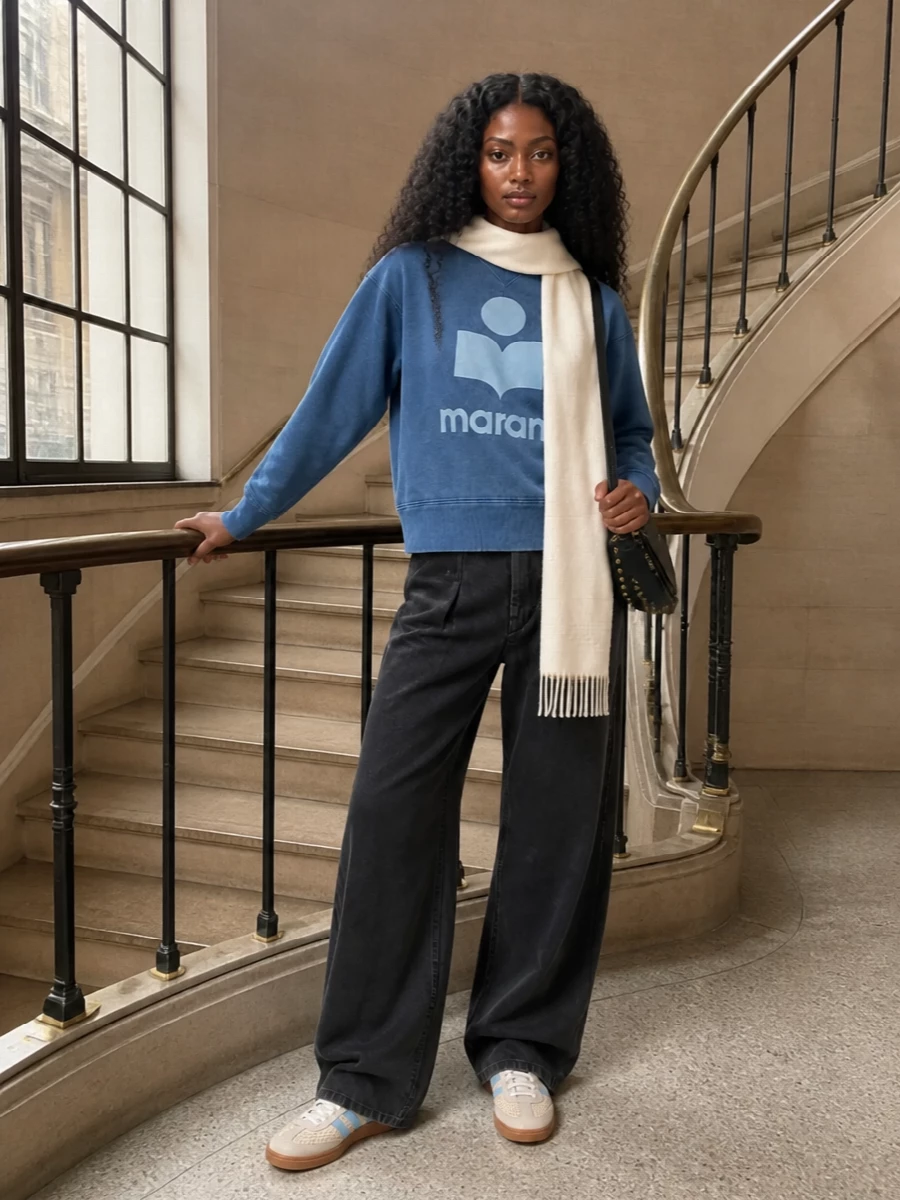 Isabel marant logo sweatshirt wide leg trousers outfit