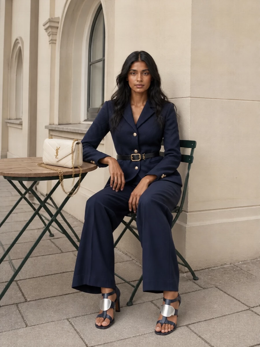 Casablanca navy blazer wide leg trousers outfit