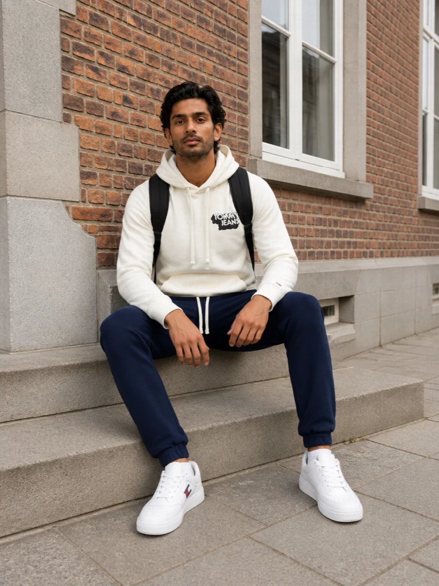 Tommy hoodie navy joggers white sneakers backpack