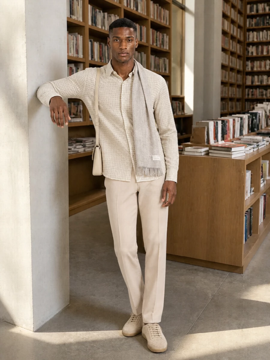 A softly checked ivory shirt sits over clean light beige tailoring for a precise, low-contrast take on summer neutrals. Sand suede sneakers keep the line relaxed yet polished, while a slim buttercream shoulder bag and a featherlight neutral scarf add subtle structure. The result is minimalist warm weather dressing that feels considered from daytime city errands to informal dinners.