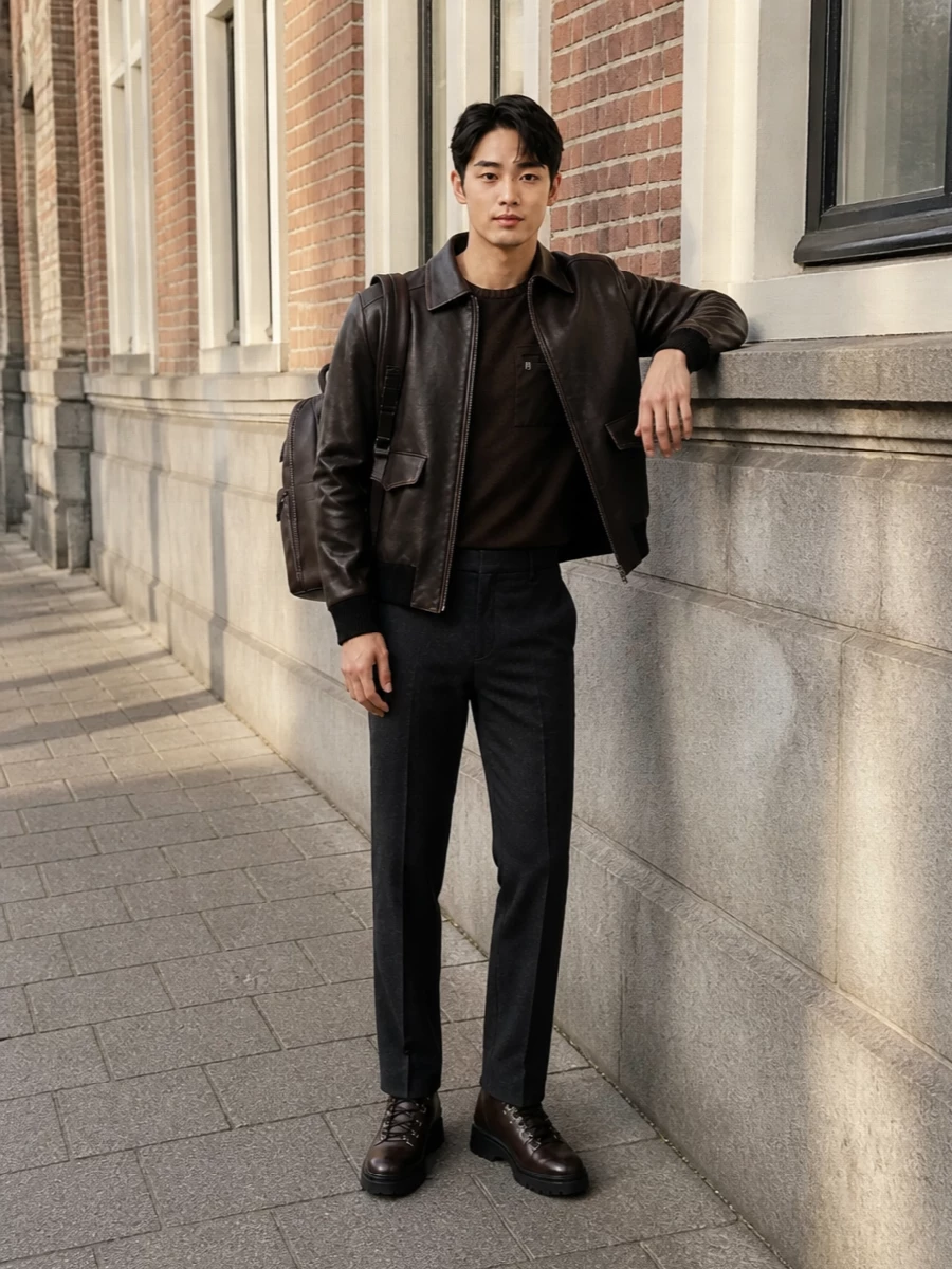 Prada brown leather bomber charcoal trousers
