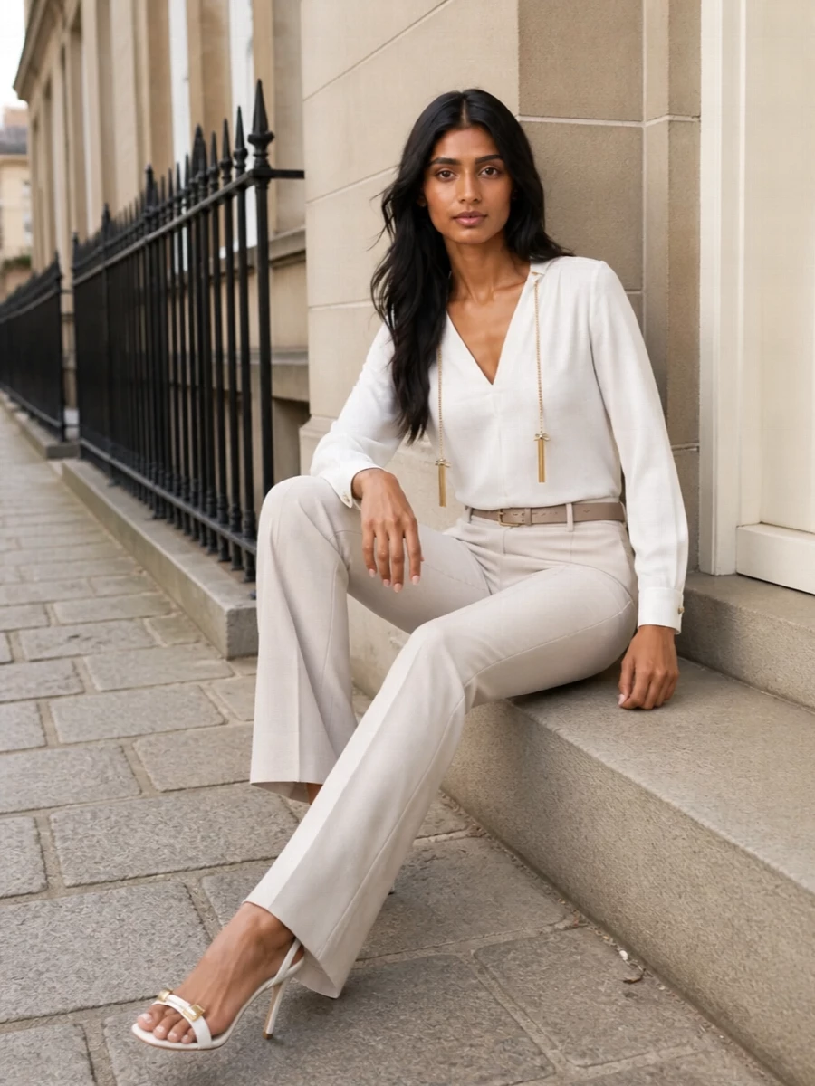 Elisabetta franchi beige trousers ivory blouse outfit