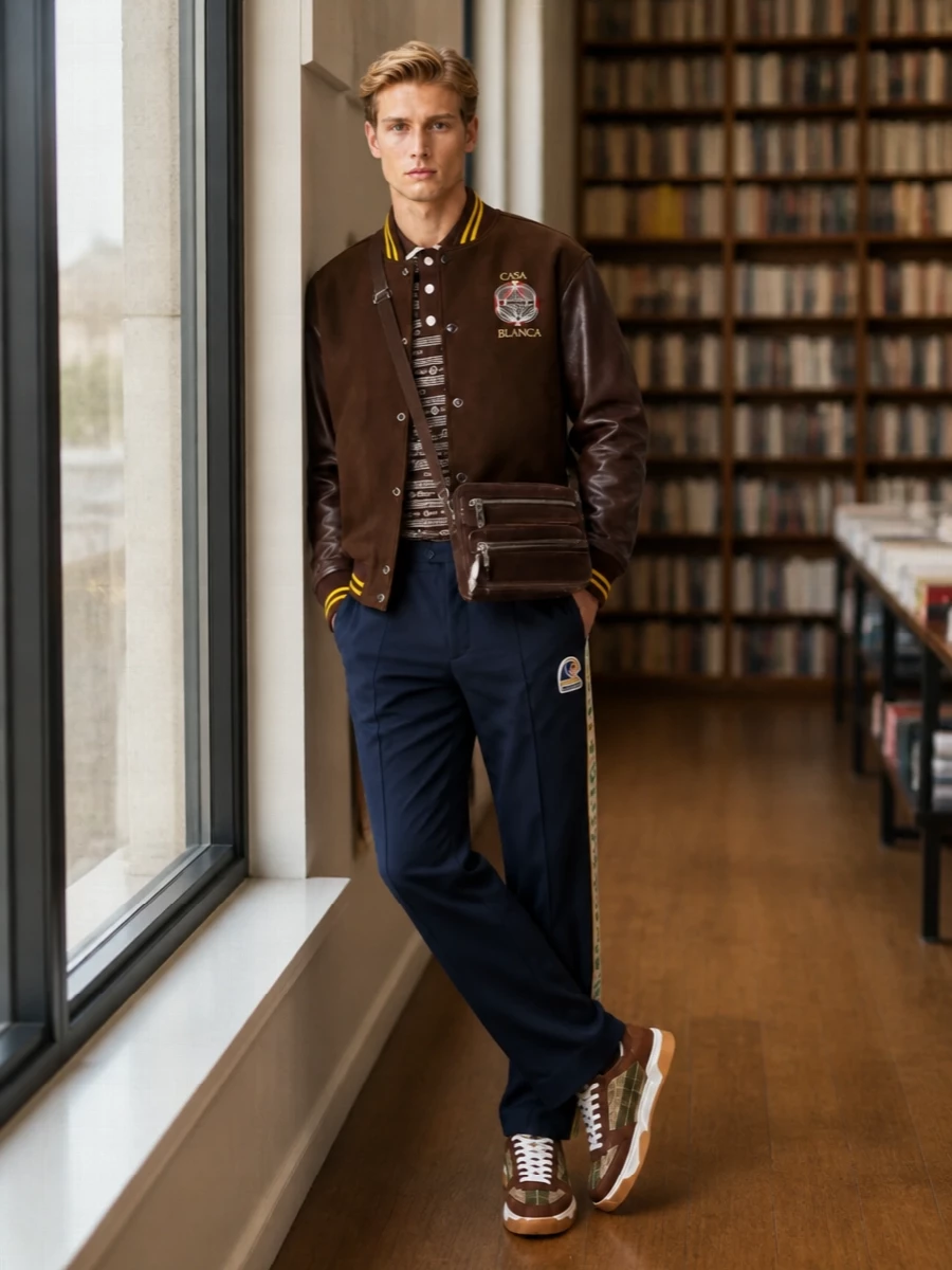 Casablanca varsity jacket navy track pants outfit