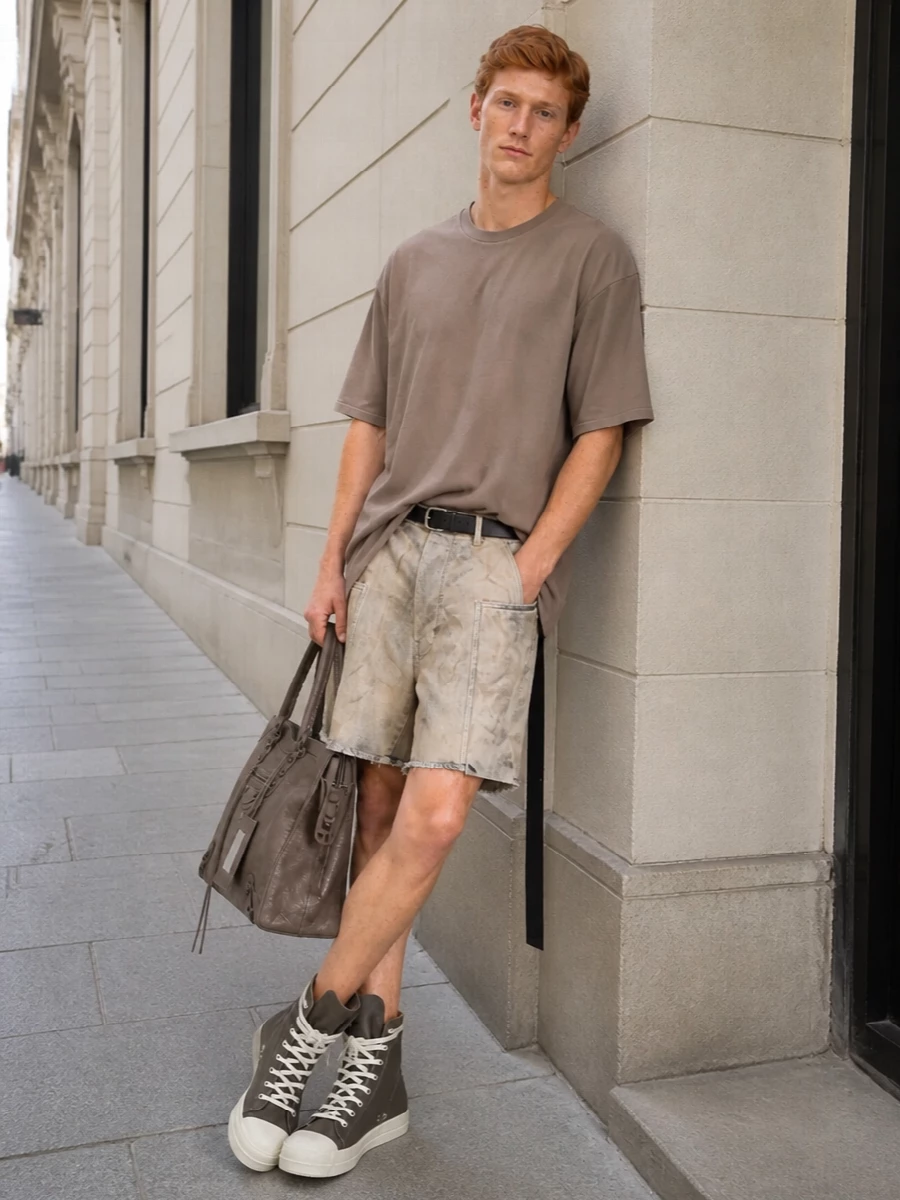 Drkshdw cargo shorts taupe tee streetwear outfit
