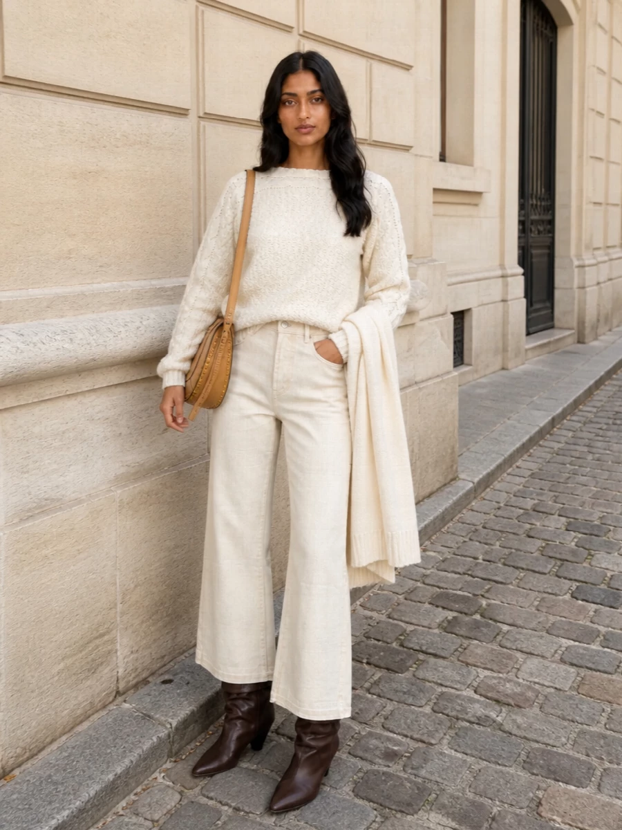 Isabel marant ivory sweater wide leg trousers outfit