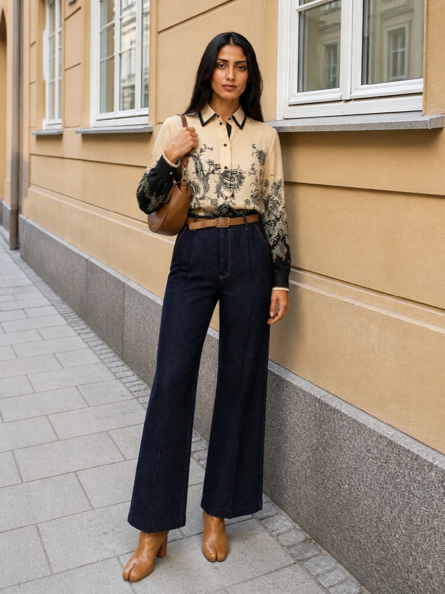 Zimmermann wide leg jeans silk shirt margiela boots