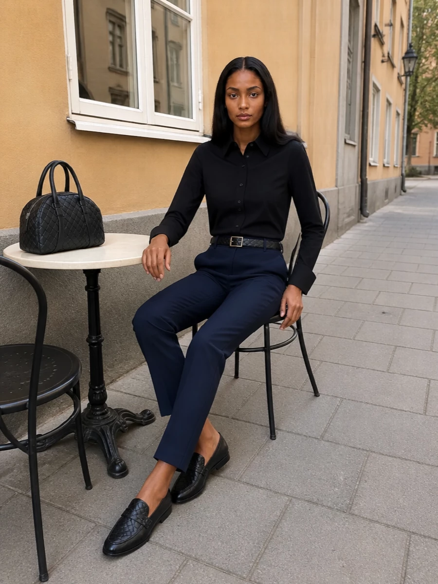 Bottega veneta navy trousers black shirt outfit